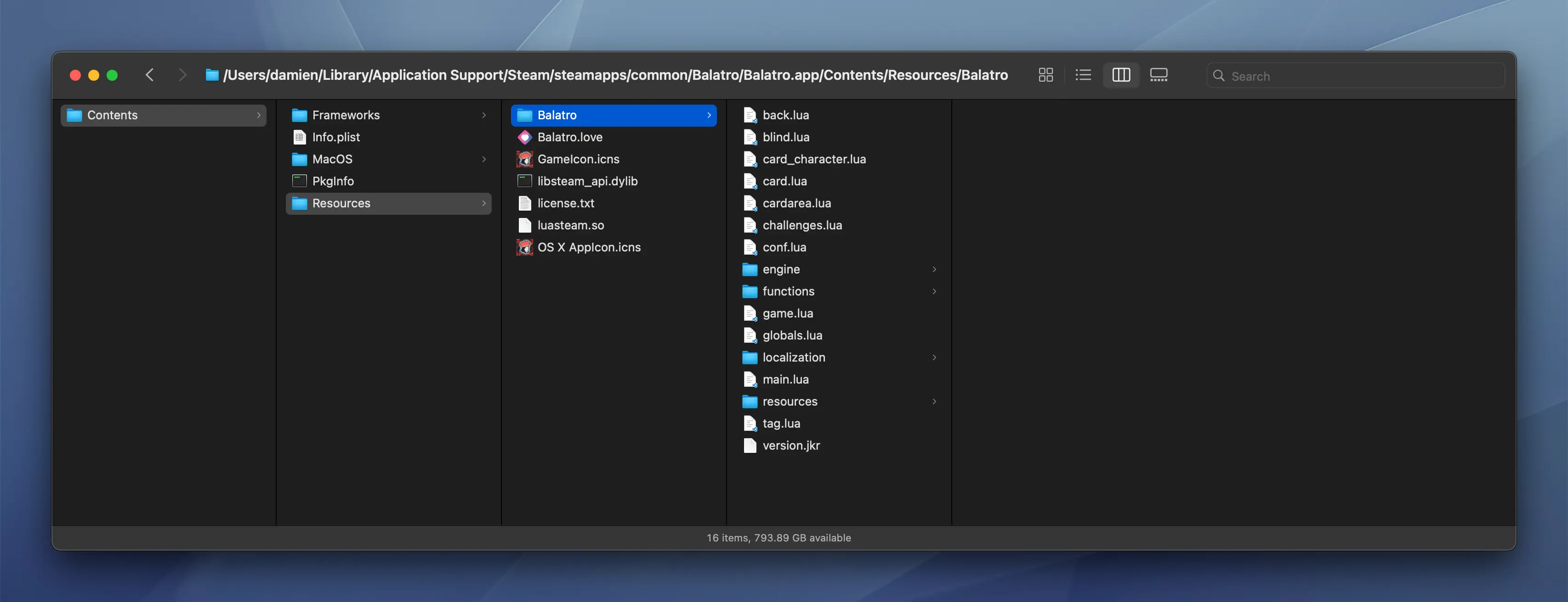 A Finder window on macOS showing the content of Balatro.love