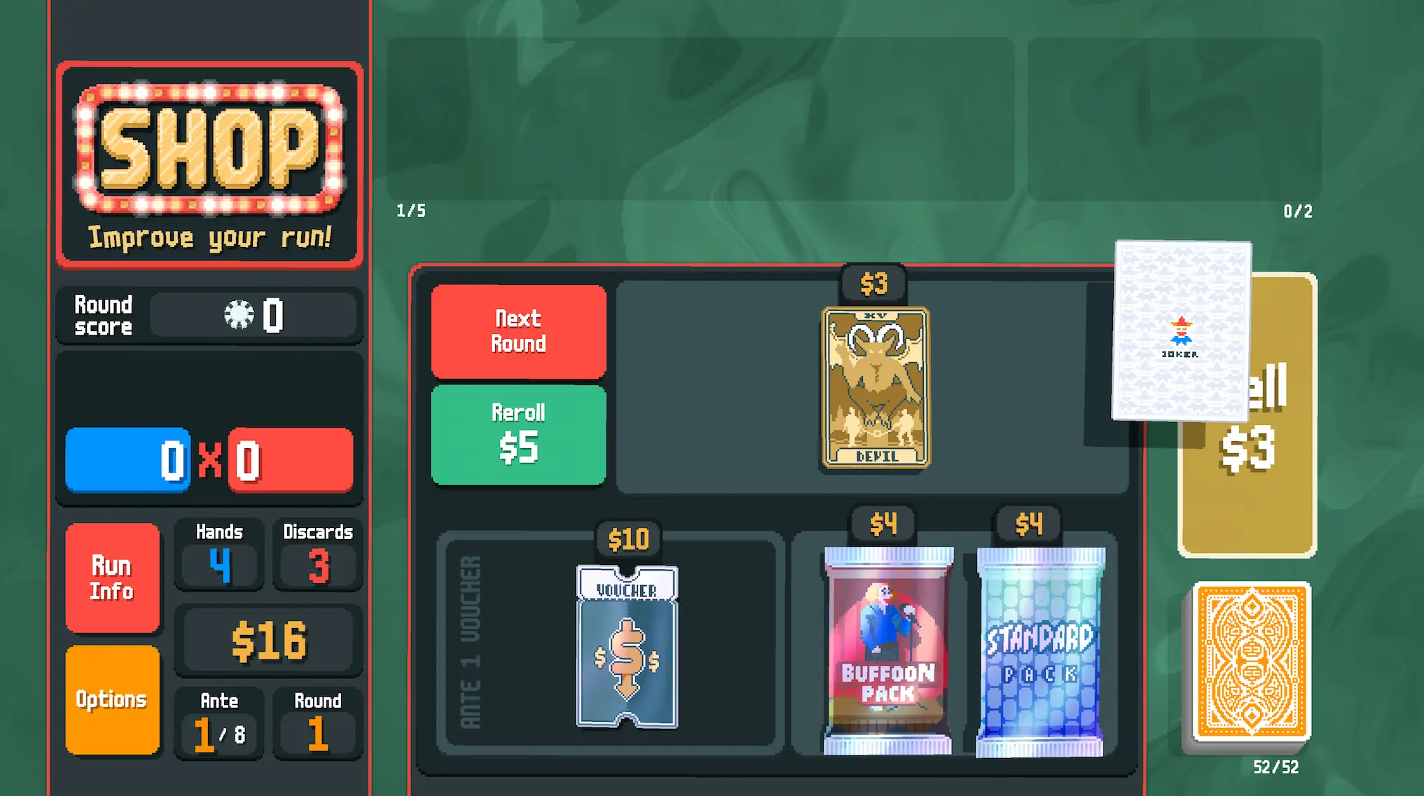 Balatro with the touch control mod, showing the 'harder' sell zone for jokers (in the middle right of the game's UI)