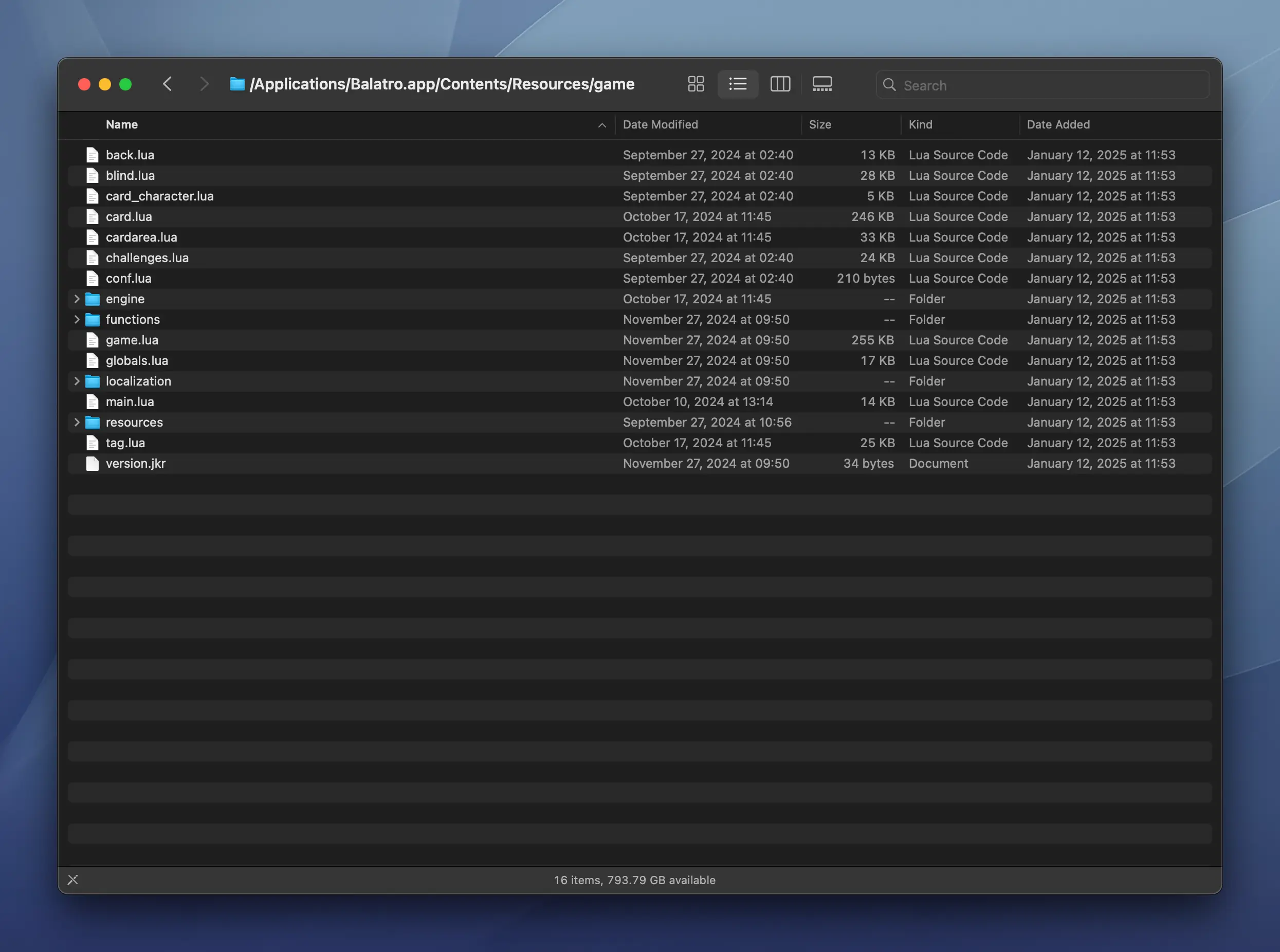 A Finder window on macOS showing the content of Balatro+ (Balatro.app)
