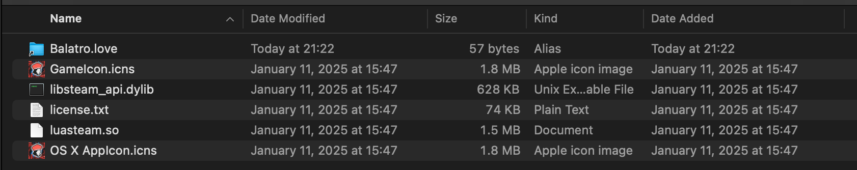 A Finder window inside the Balatro game files with `Balatro.love` being a symlink