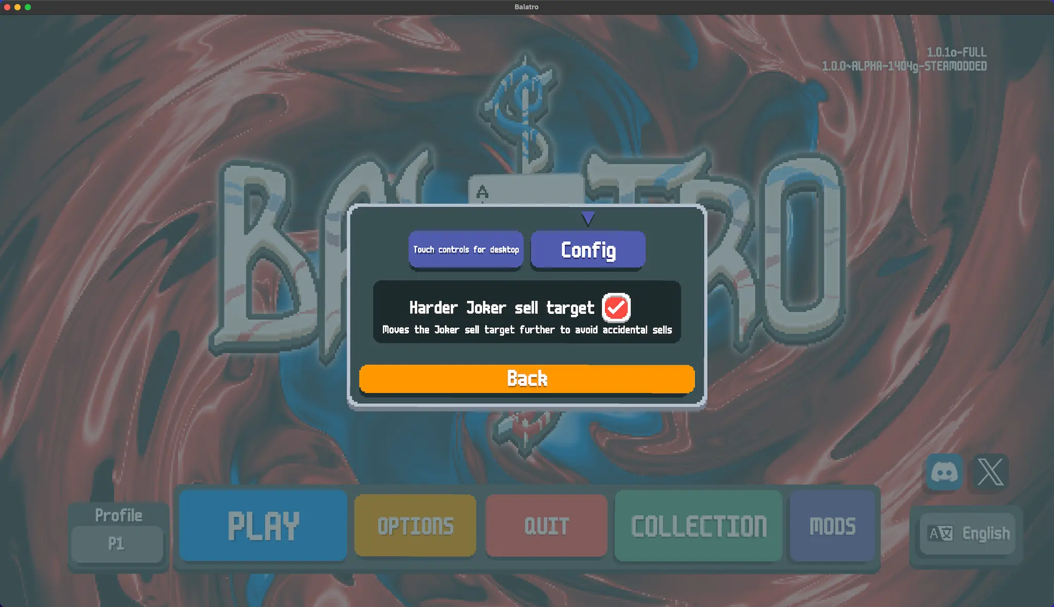 The options tab of the mod, with "Harder Joker sell target" checked.