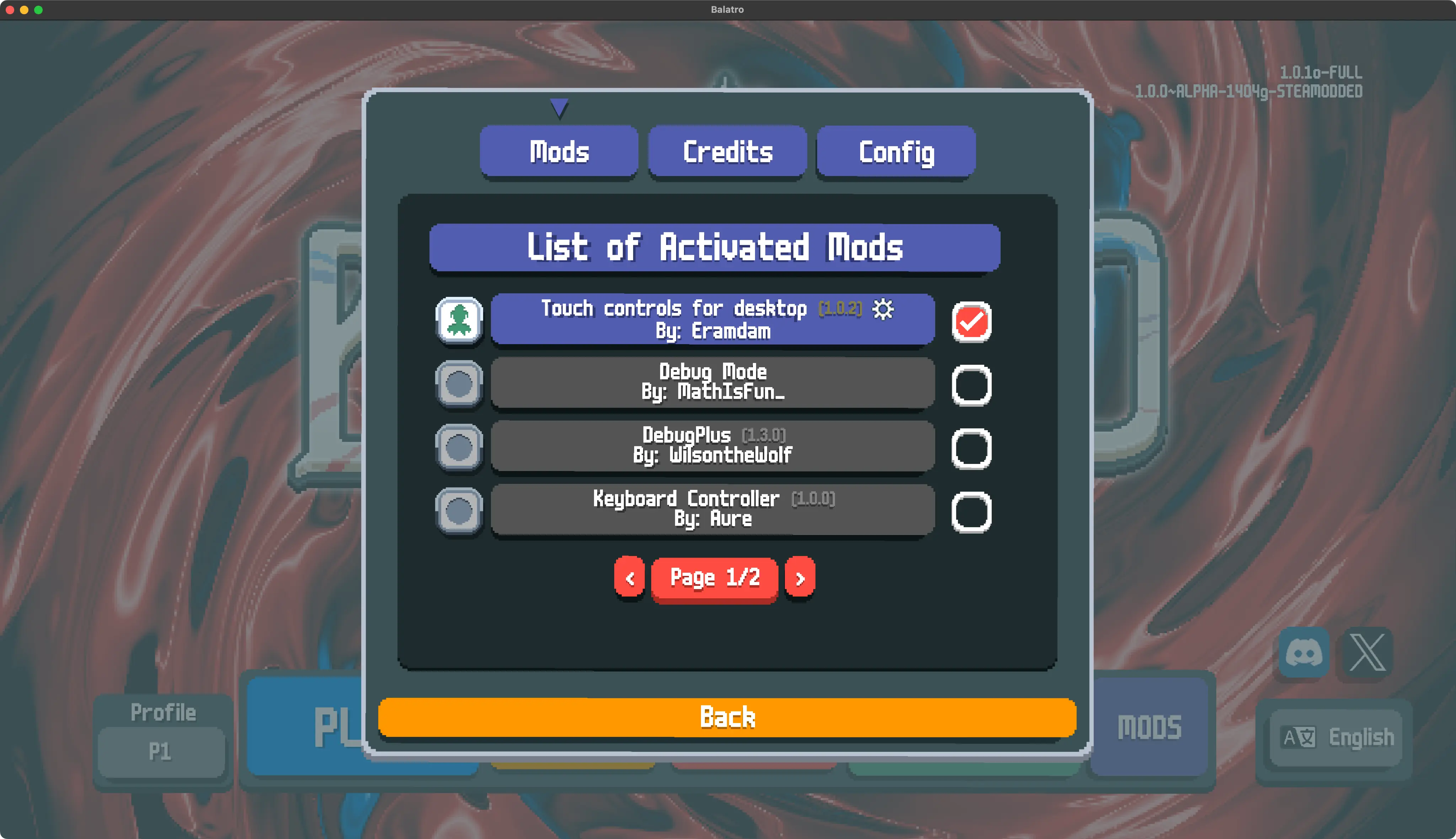 The Steamodded 'Mods' window with my mod in there