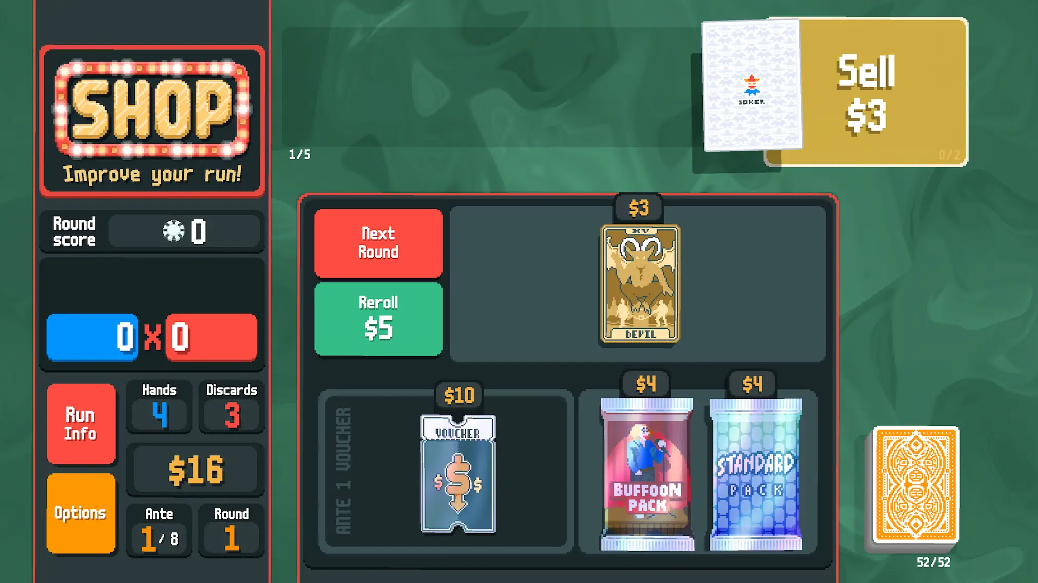 Balatro with the touch control mod, showing the default sell zone for jokers (in the top right of the game's UI)